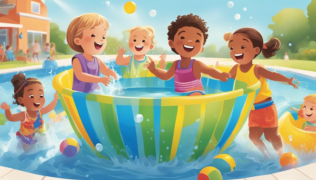 Children playing in Lidl's colorful kiddie pools, splashing and laughing as they cool off on a hot summer day