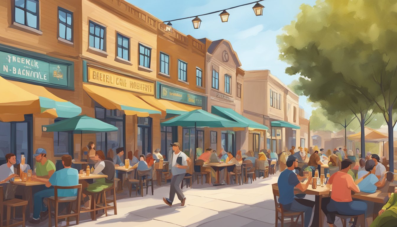 A bustling brewery trail in Bakersfield, CA, with colorful craft beer signs and patrons enjoying tastings in outdoor seating areas