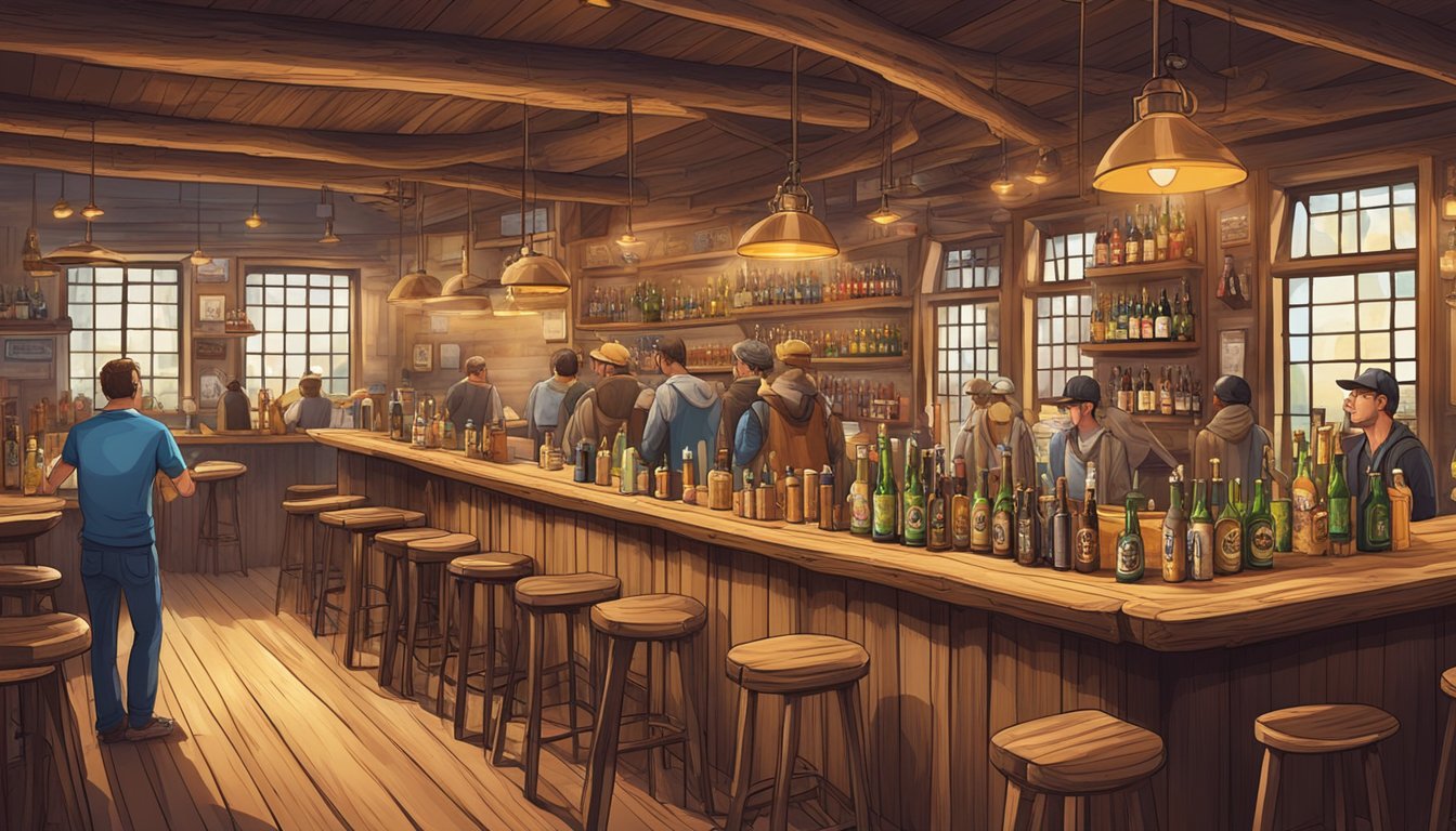 A rustic wooden bar adorned with various beer taps and bottles, surrounded by patrons sampling and discussing different craft beer types and flavors