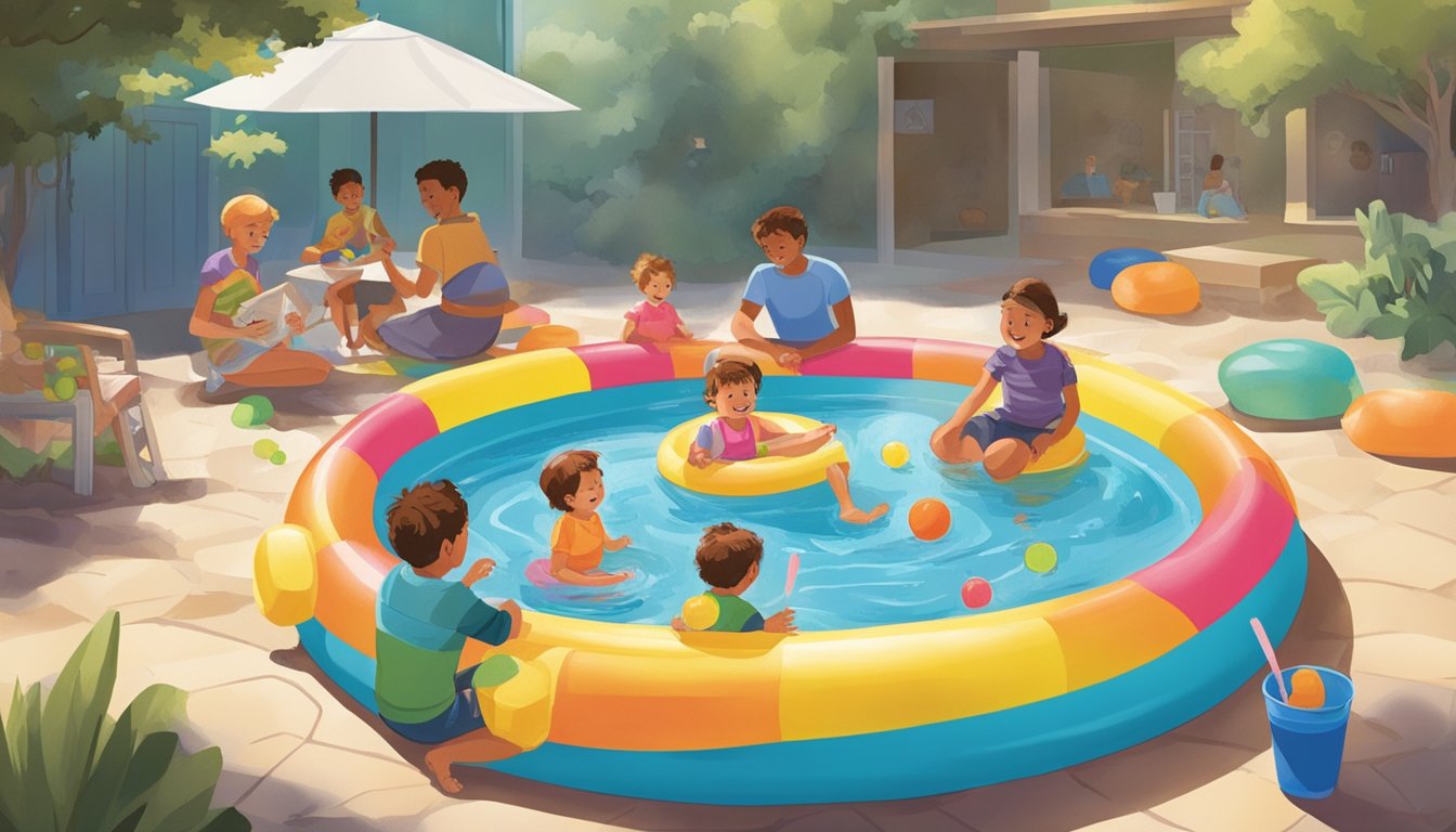 Children playing in a shallow kiddie pool with colorful floaties, while parents sit nearby under a shaded area with refreshments