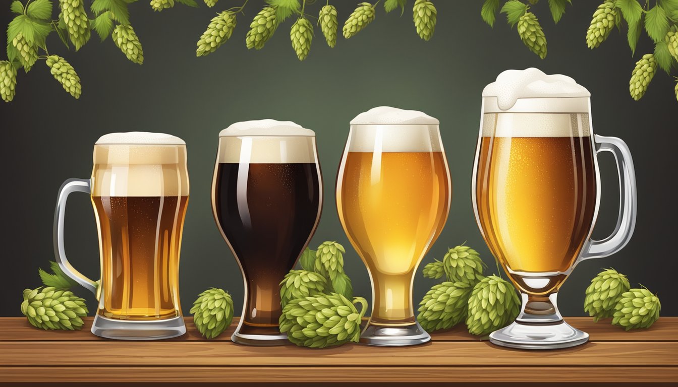 A variety of beer glasses arranged on a wooden table, each filled with a different type of craft beer, surrounded by hops and barley