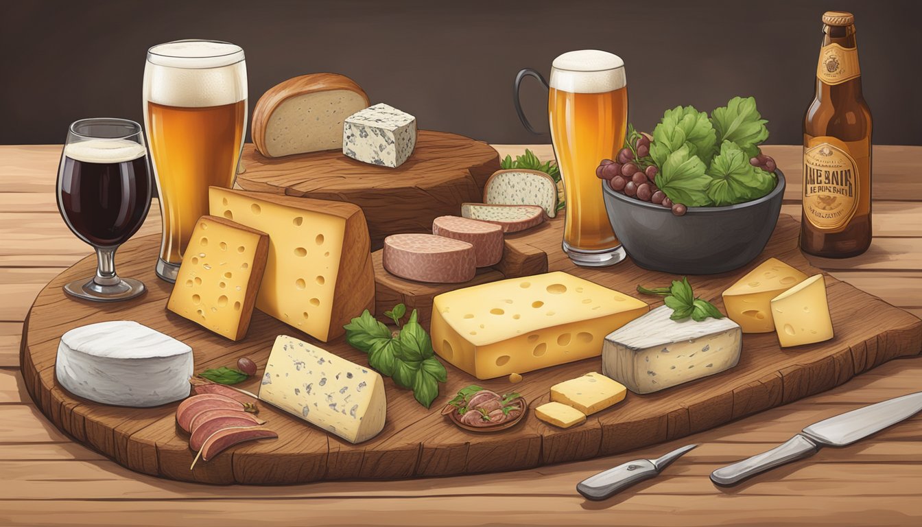 A rustic wooden table adorned with local cheeses, meats, and fresh produce, alongside a variety of craft beers from Elk Grove, CA