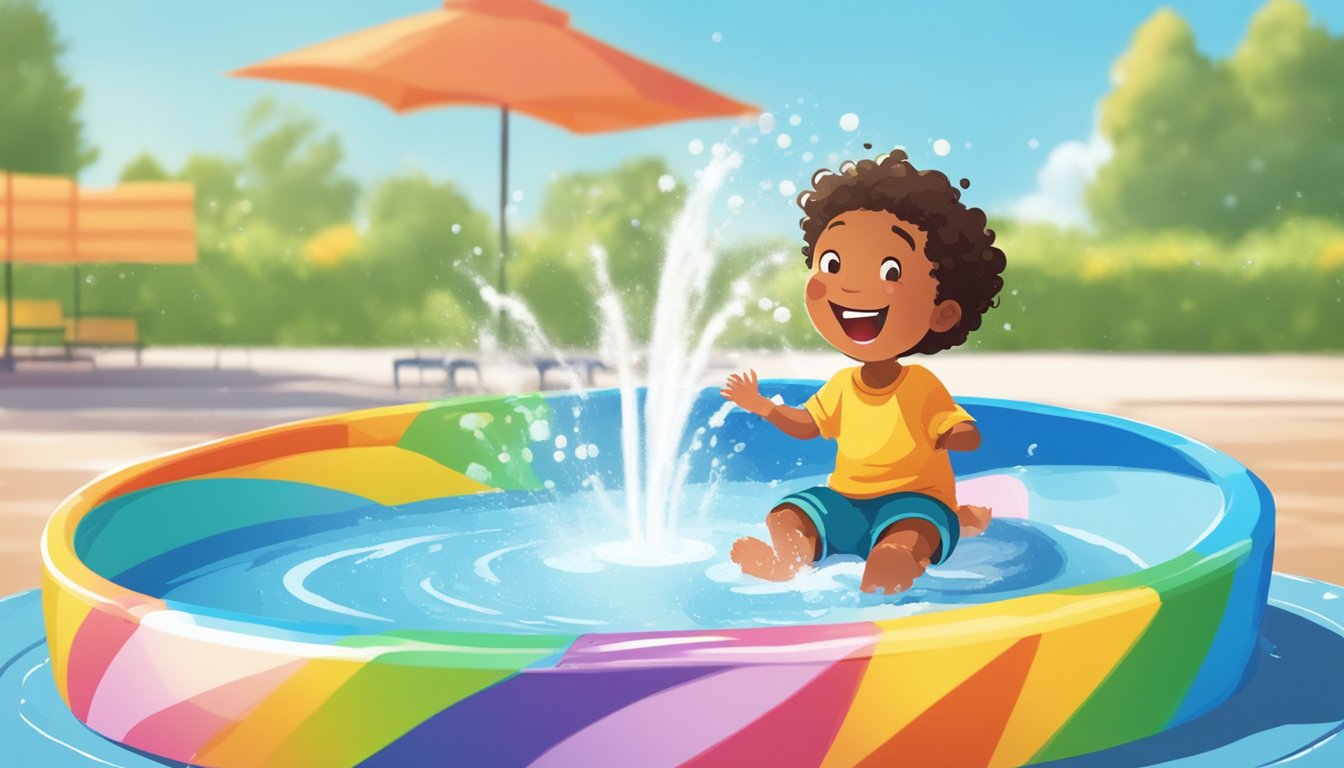 A child sits in a colorful kiddie pool, splashing and laughing as water sprays from a small fountain feature. Bright, sunny day with a clear blue sky overhead