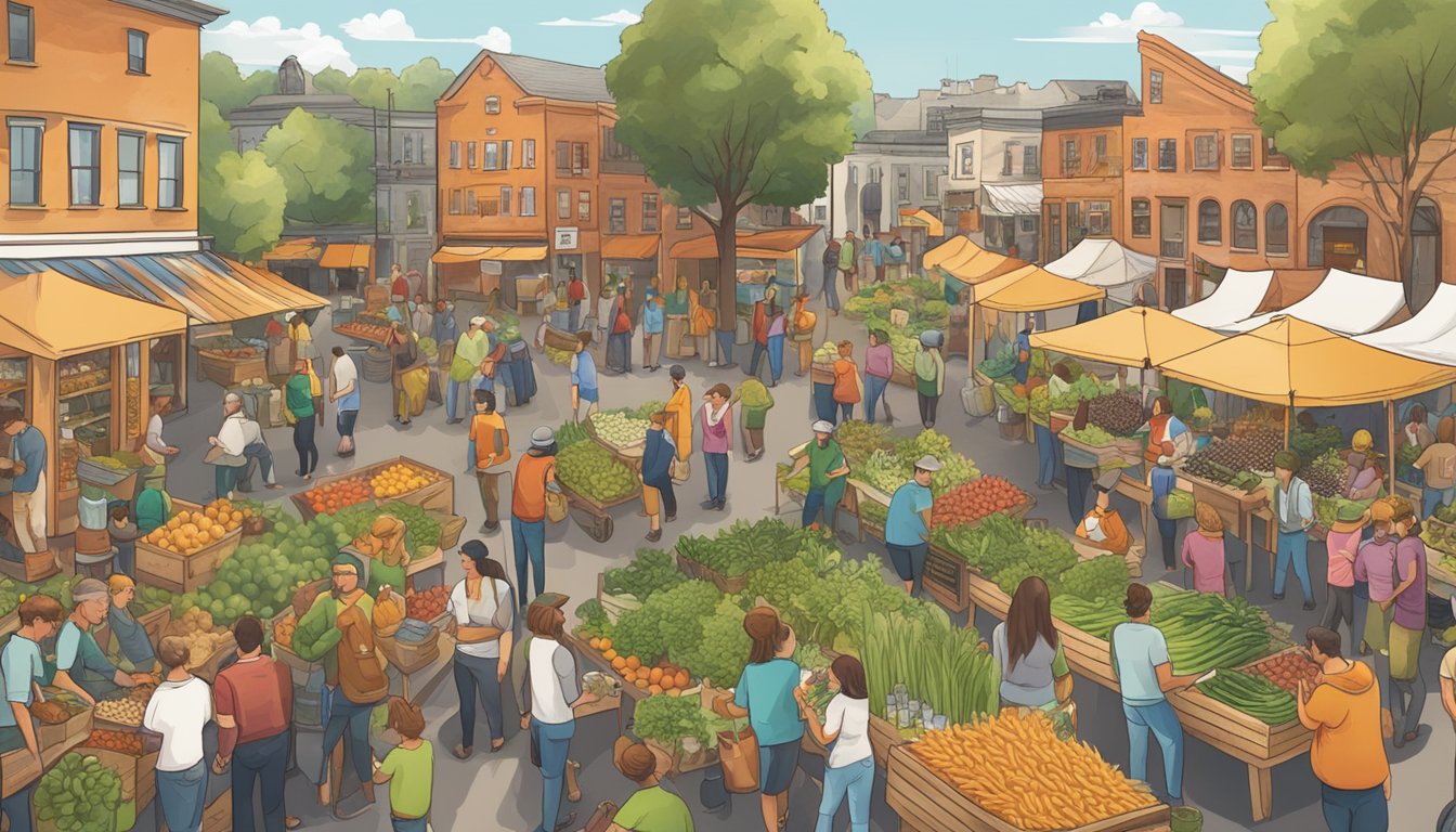 A bustling farmer's market with local breweries showcasing their craft beers, surrounded by vibrant community members engaging in sustainability efforts