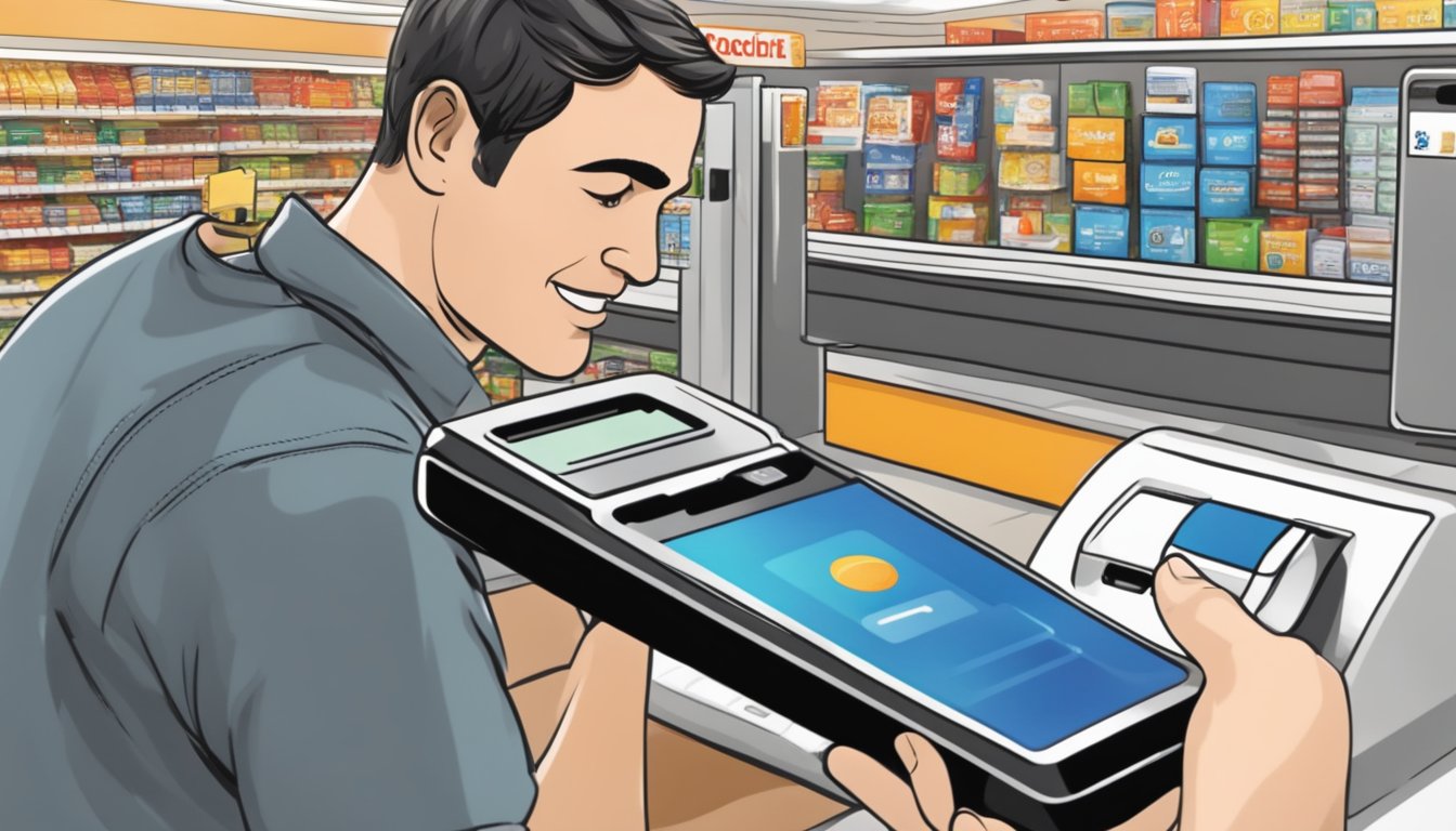 A customer holds an iPhone near the contactless payment terminal at the ShopRite checkout counter