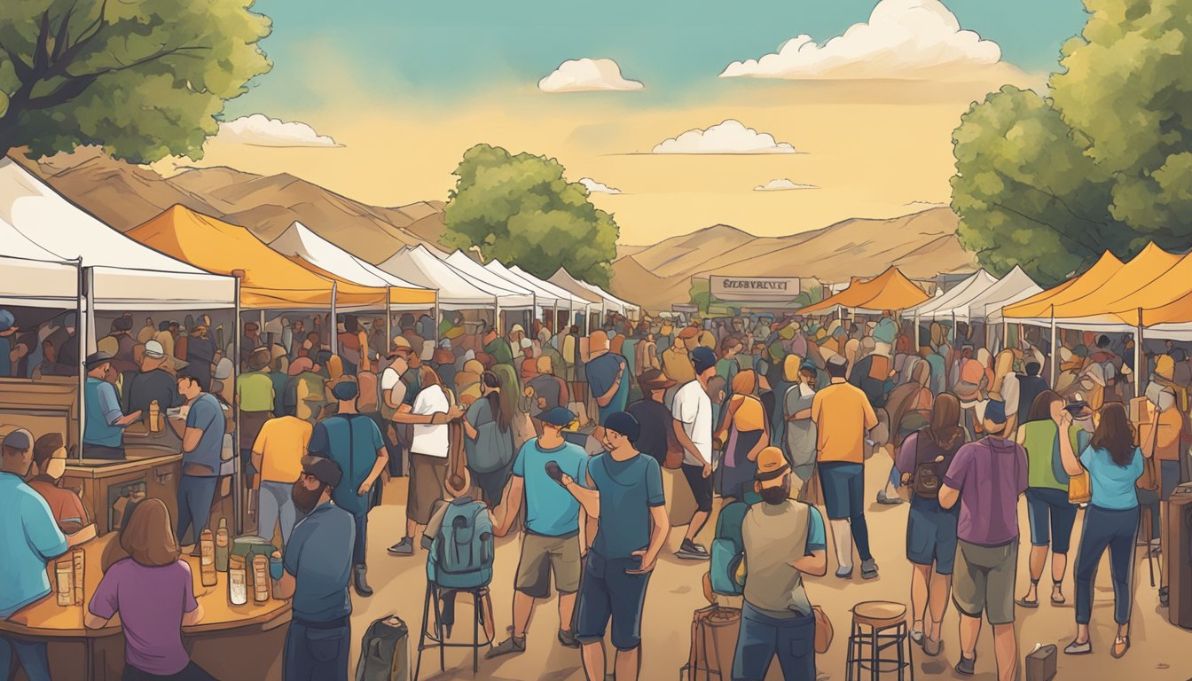 A bustling craft beer festival in Bakersfield, CA, with vendors, live music, and community members enjoying the local brews