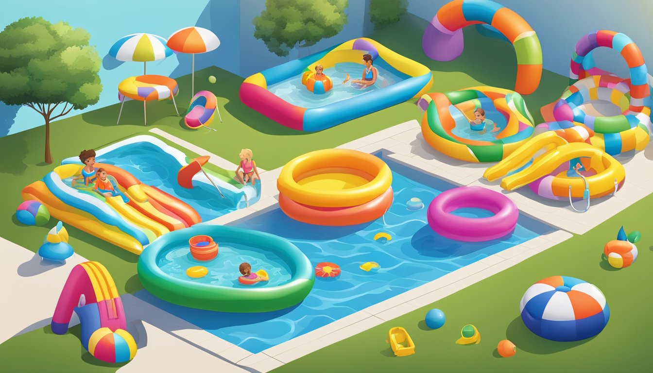 A colorful array of kiddie pools in various sizes and shapes, surrounded by playful water toys and inflatable floats