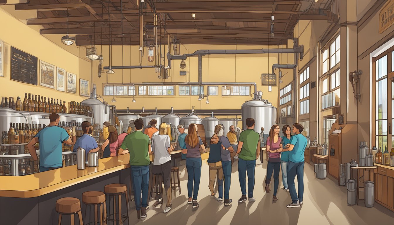 A bustling brewery tour and tasting room with visitors sampling various craft beers in Anaheim, CA