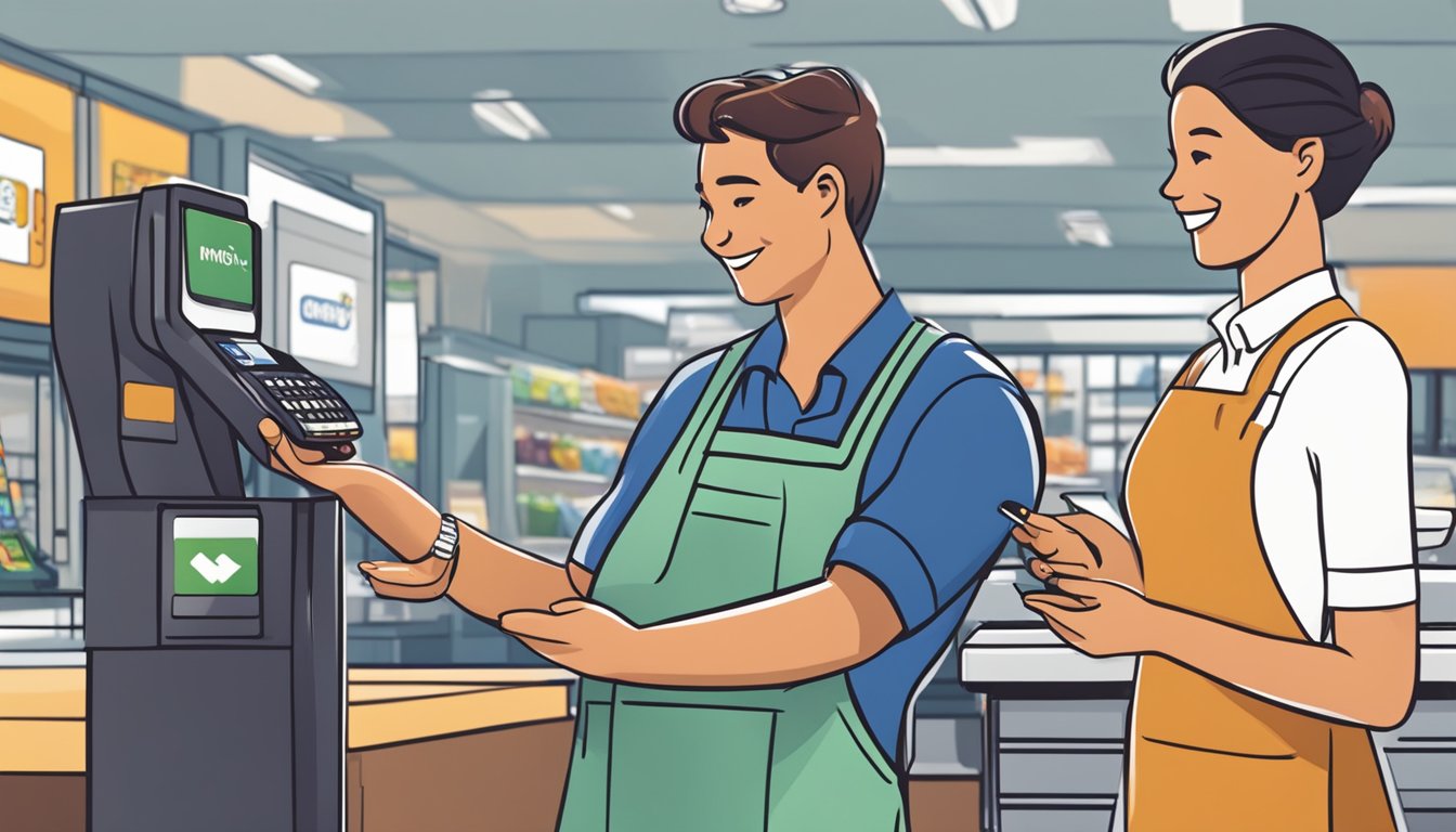 A customer holds a phone near a contactless payment terminal at Wegmans, while a cashier smiles and watches the transaction