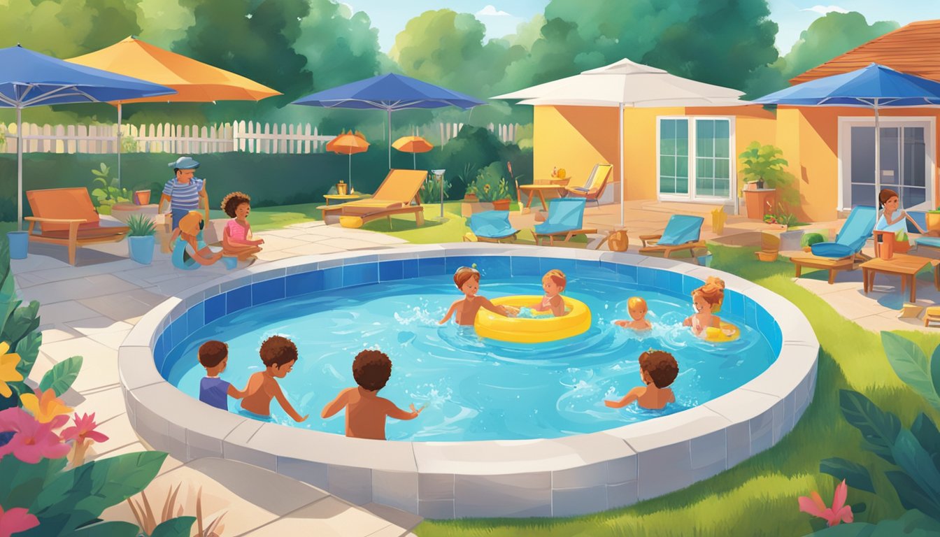 A vibrant backyard with a Lidl kiddie pool, surrounded by lounge chairs and umbrellas. Children playfully splash in the water while adults relax nearby