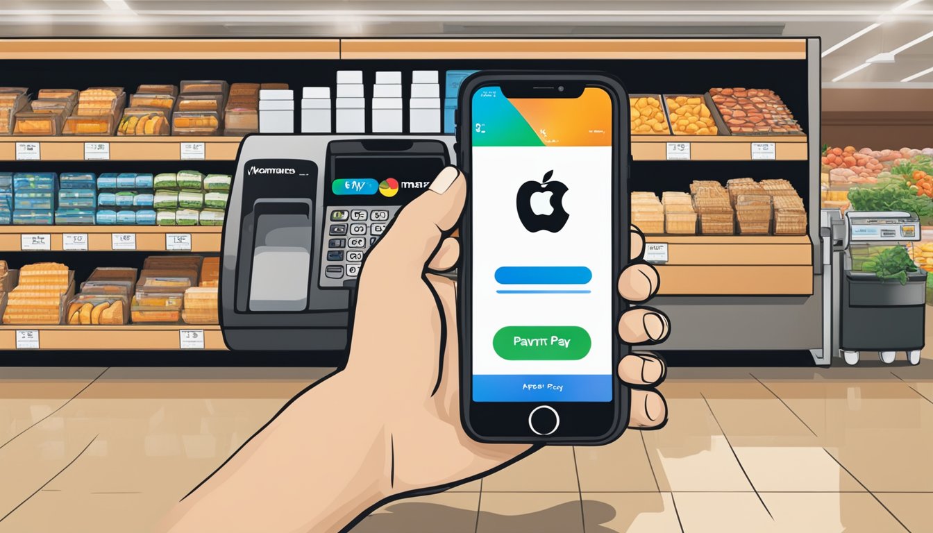 A customer holds an iPhone near the payment terminal at Wegmans, with the Apple Pay logo displayed on the screen