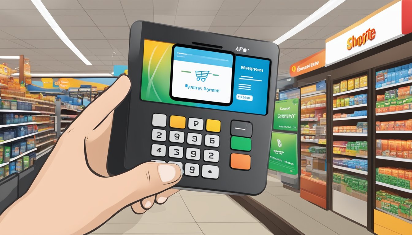 A customer holds a smartphone near a payment terminal at a Shoprite store, with a digital payment app displayed on the screen