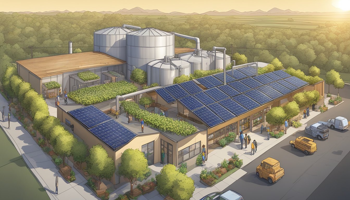 A bustling craft brewery in Anaheim, CA, with solar panels, recycling bins, and a lush hop garden