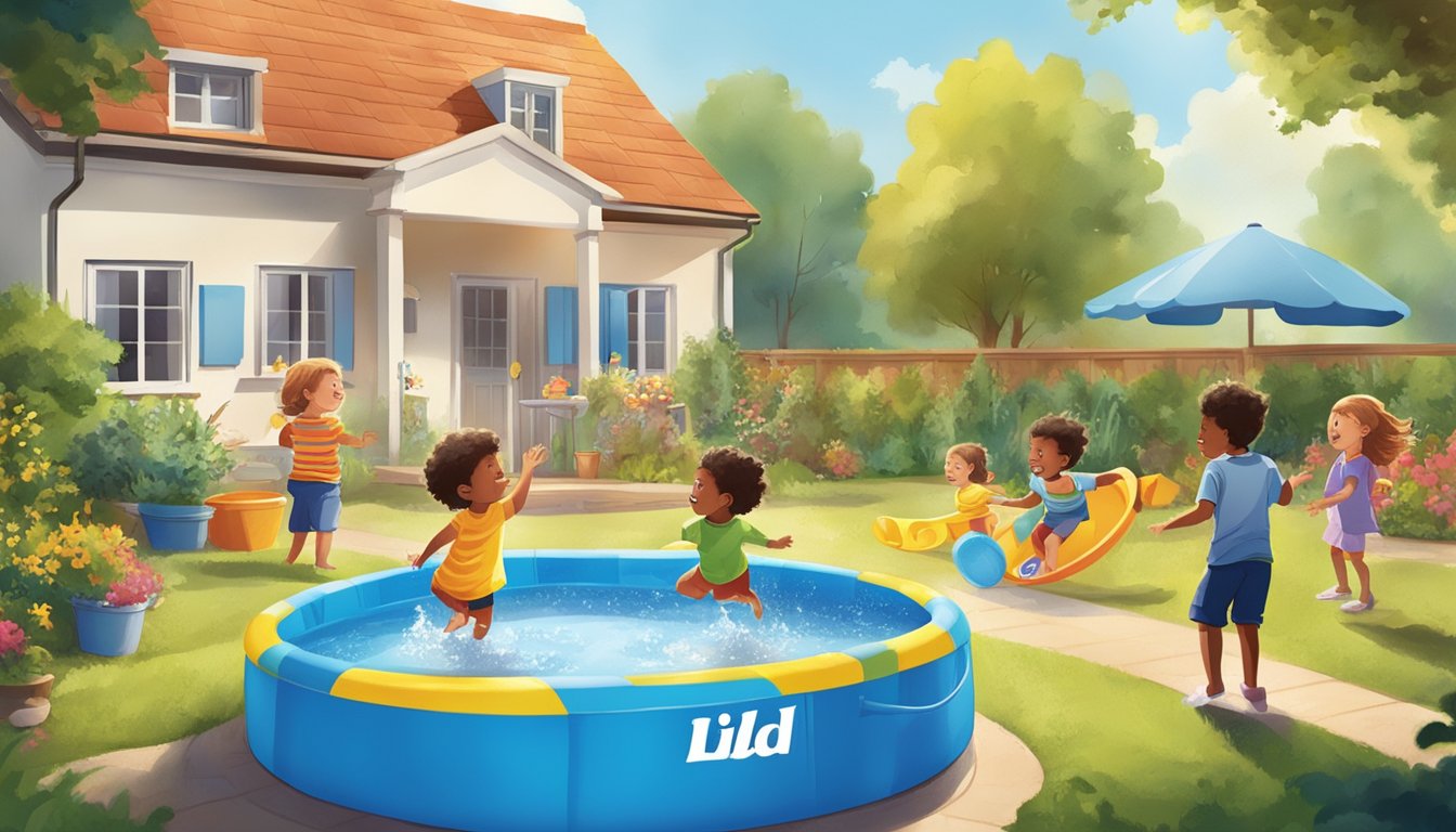 A sunny backyard with a colorful kiddie pool, surrounded by happy children playing and splashing in the water. A Lidl logo is visible on the pool