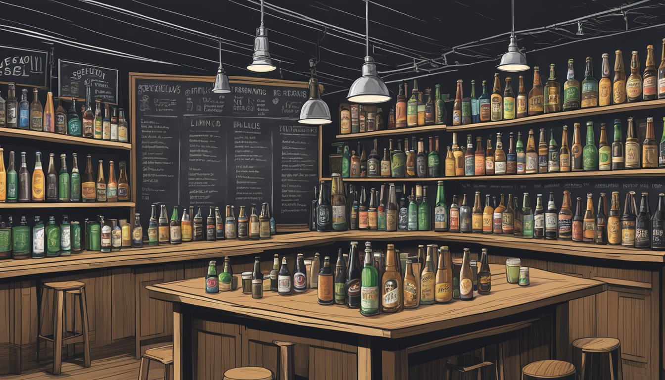 A bustling taproom with shelves of unique craft beer bottles and a chalkboard menu displaying specialty brews and limited releases