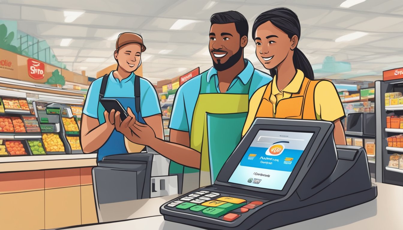 A shopper at Shoprite holds an iPhone near the payment terminal while a cashier looks on. The shopper appears to be using Apple Pay to complete the transaction