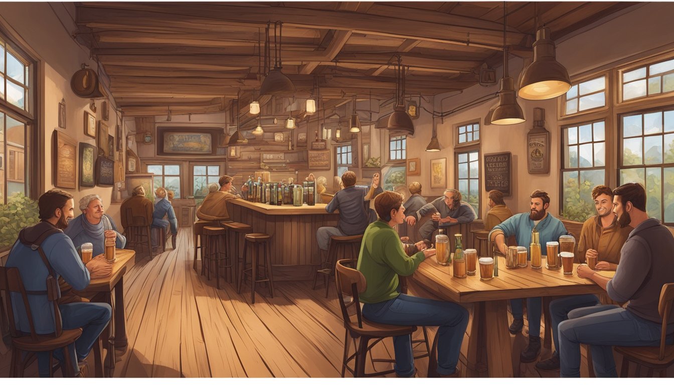 A group of locals gather at a cozy brewery, sipping on various craft beers and engaging in lively conversation. The warm, inviting atmosphere is complemented by the rustic decor and the aroma of hops and malt