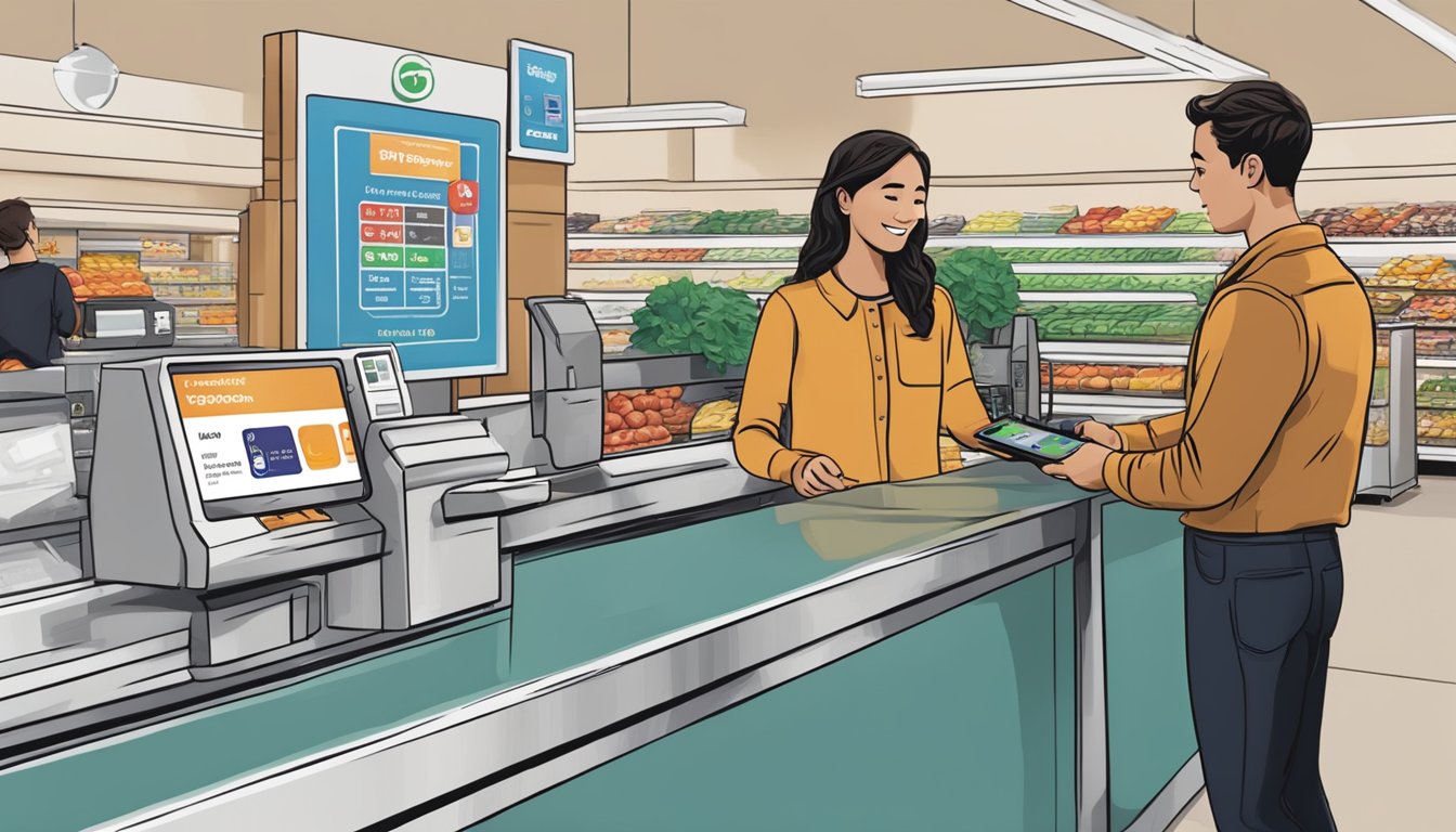 A customer holding a smartphone approaches a checkout counter at Ralphs, ready to make a payment using Apple Pay