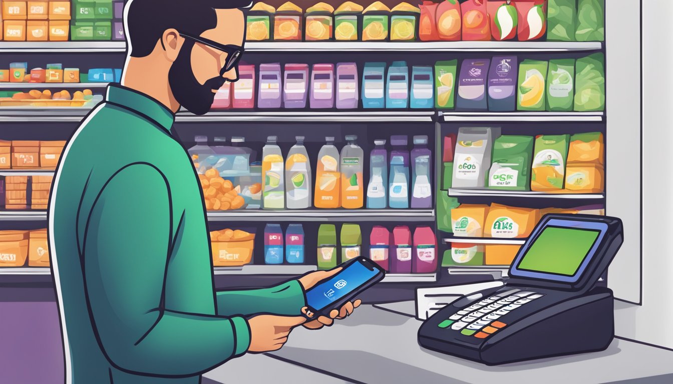 A customer holds their phone over the payment terminal at Stop and Shop, completing a transaction using Apple Pay