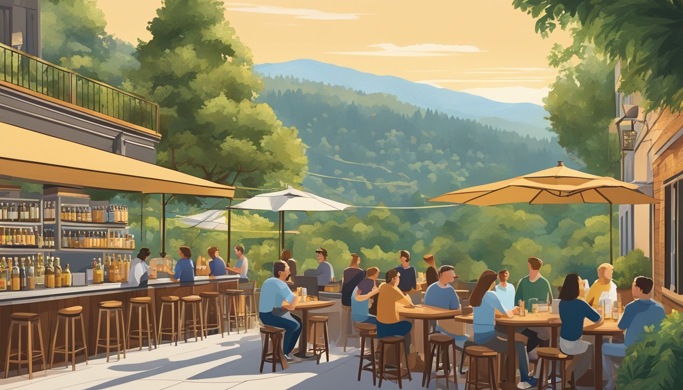 A bustling craft brewery with patrons enjoying pints on a sunny outdoor patio, surrounded by lush greenery and the iconic Berkeley hills in the background