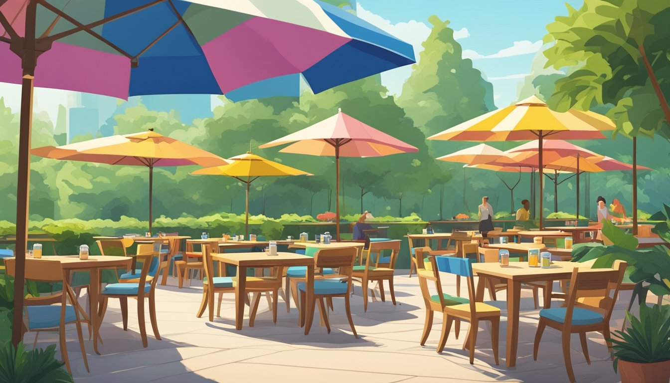 A sunny outdoor patio with colorful umbrellas and tables, surrounded by lush greenery and a variety of craft beer taps