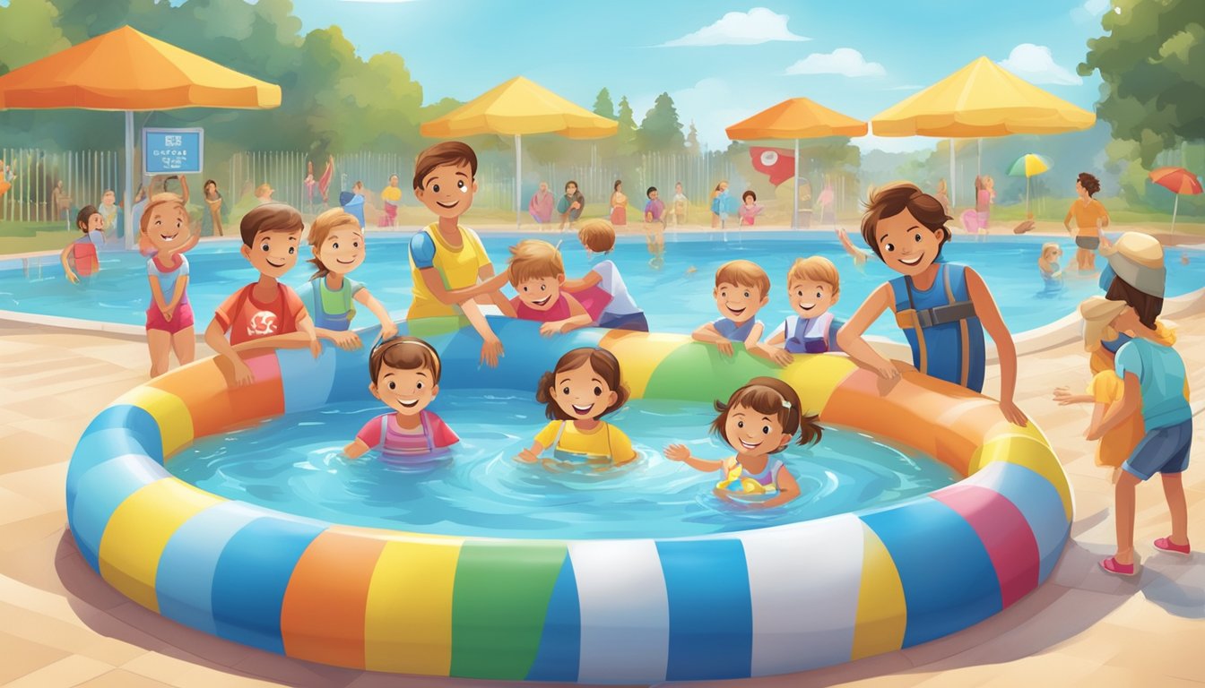 A colorful kiddie pool surrounded by smiling children and parents, with safety signs and lifeguard supervision