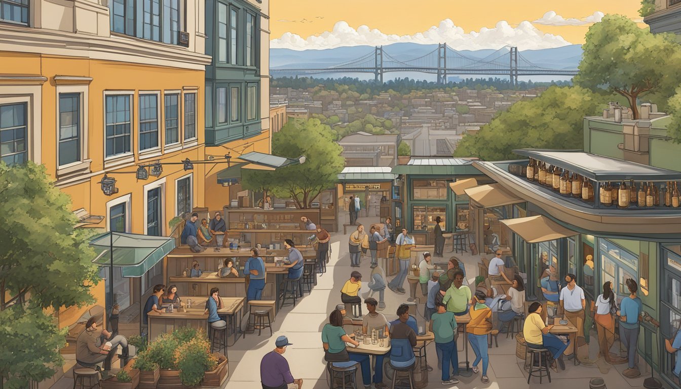 A bustling brewery scene with patrons enjoying craft beer, outdoor seating, and a view of the Berkeley, CA cityscape