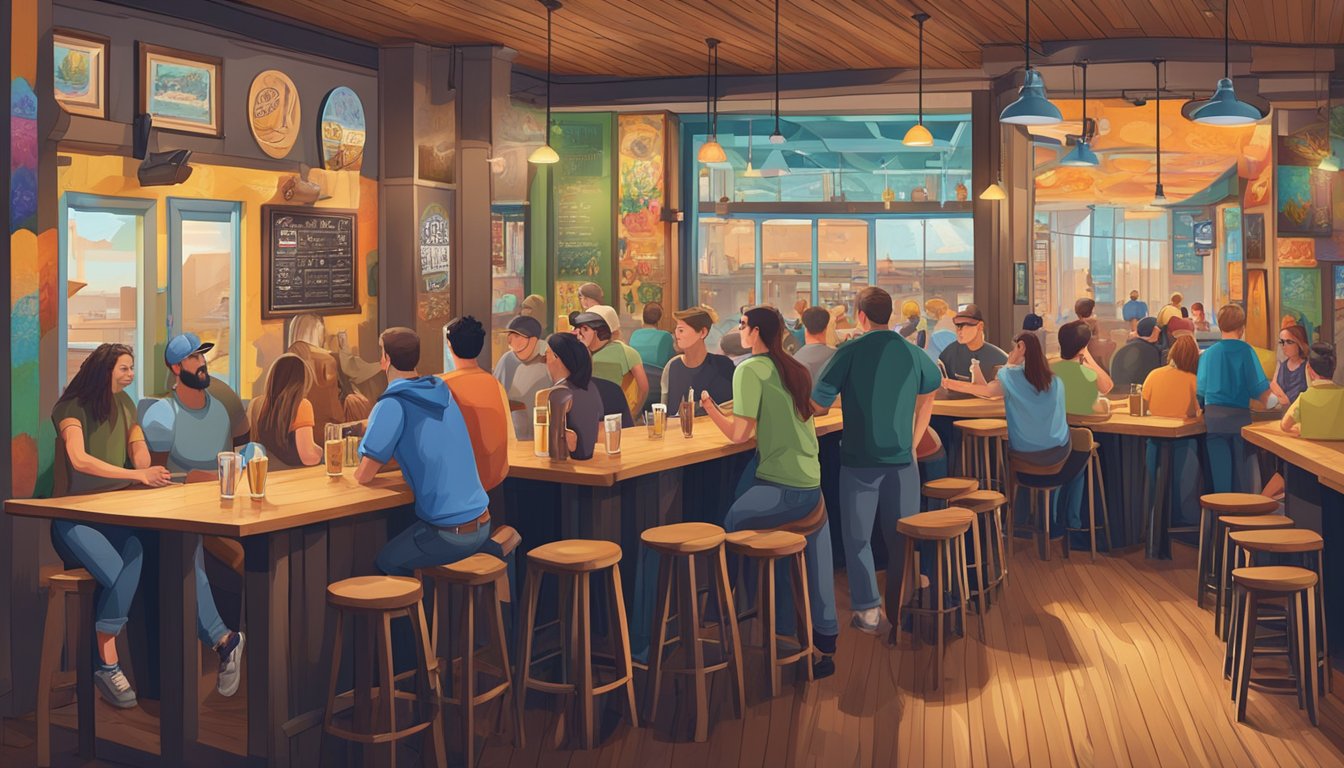 A bustling taproom with a variety of craft beer options, patrons socializing at wooden tables, and a vibrant mural adorning the wall