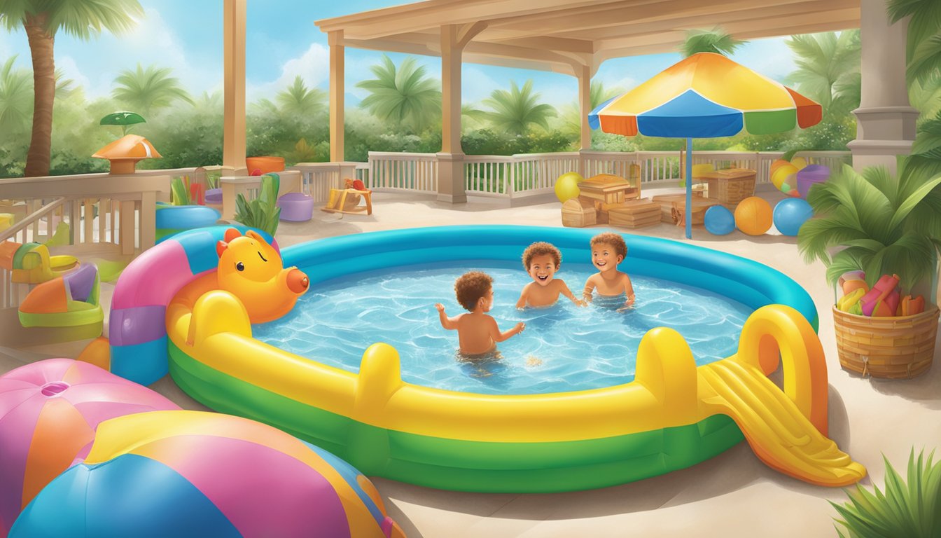 A colorful display of inflatable kiddie pools, surrounded by beach toys and sunscreen, at a Publix store