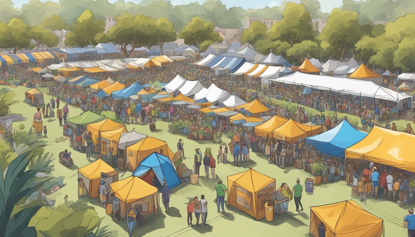 A bustling craft beer festival in Carlsbad, CA, with rows of colorful tents and a variety of beer styles on display