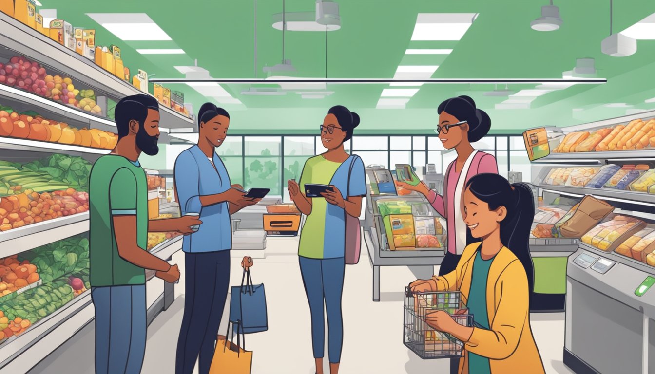 A customer successfully completes a purchase at a grocery store checkout using Apple Pay, while other shoppers look on with interest