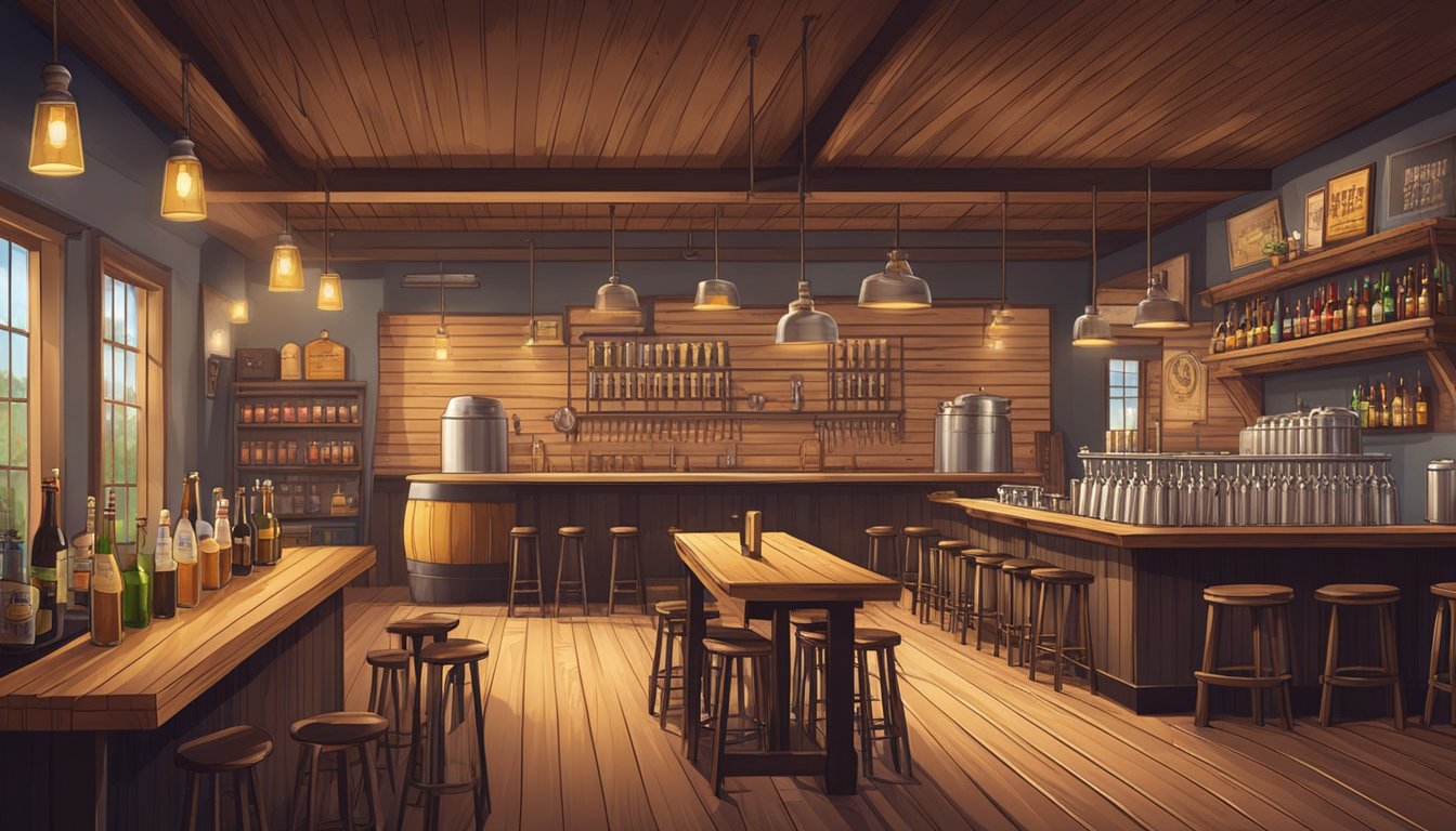 A cozy brewery with a variety of craft beer taps, surrounded by rustic wooden tables and vintage beer memorabilia on the walls