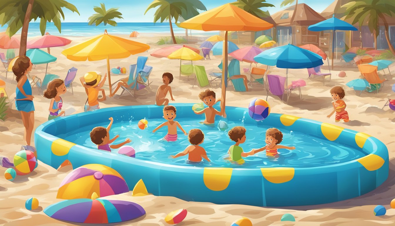 A bright, colorful kiddie pool surrounded by beach toys and umbrellas, with children playing and splashing in the water under the warm sun