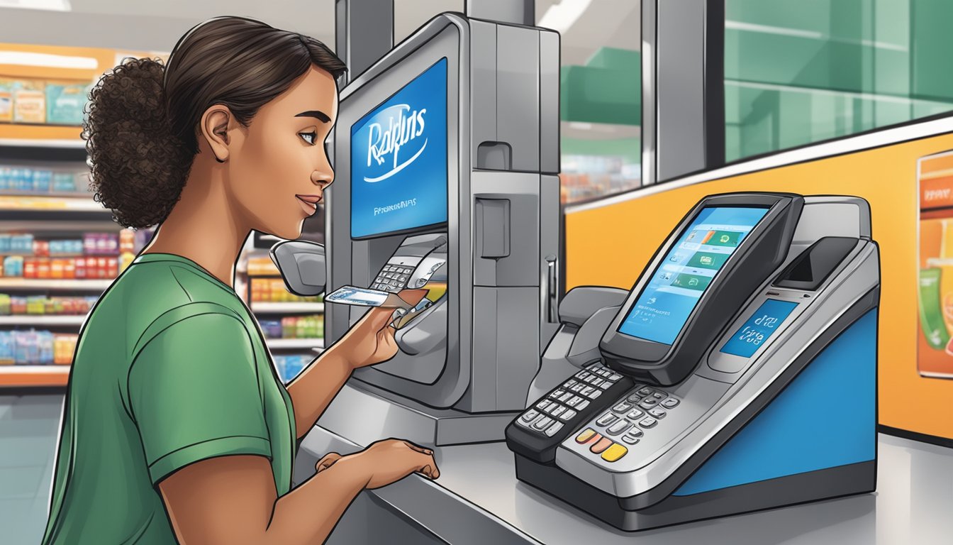 A customer tapping their phone on a payment terminal at a Ralphs store