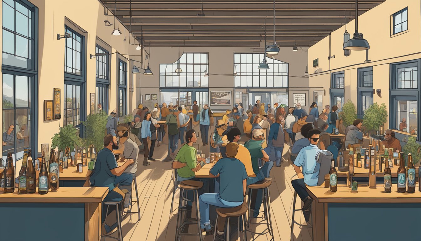 A bustling beer tasting event at Berkeley's local craft brewery, with patrons sampling and enjoying various brews while taking in the brewery's industrial-chic decor