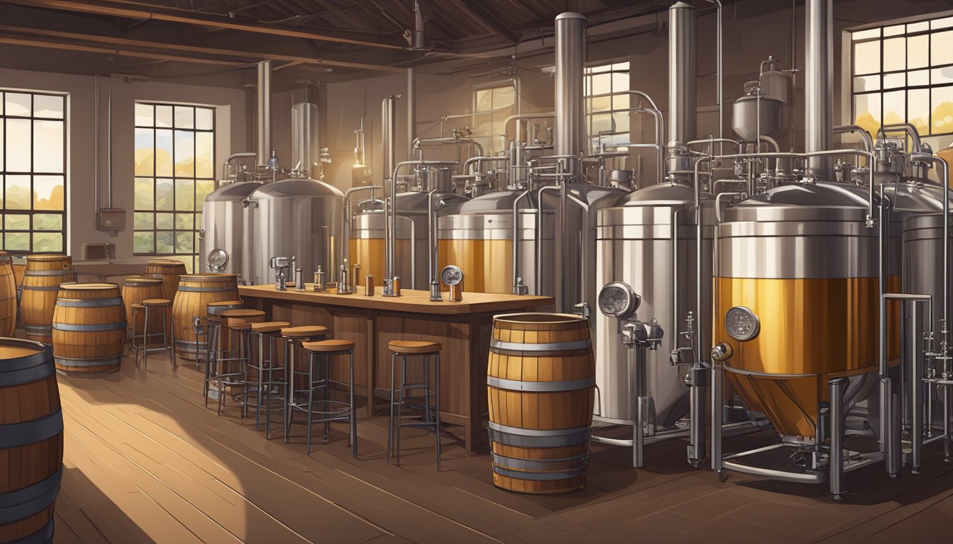 A bustling craft beer brewery with stainless steel tanks, wooden barrels, and a variety of brewing equipment. Customers sample and discuss different beers at the bar