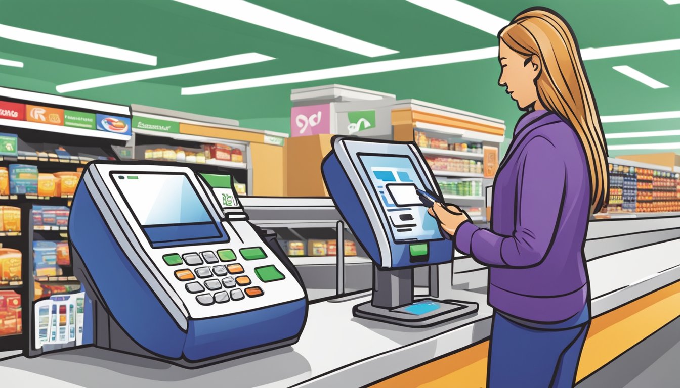 A customer tapping their phone on a payment terminal at a Stop & Shop checkout