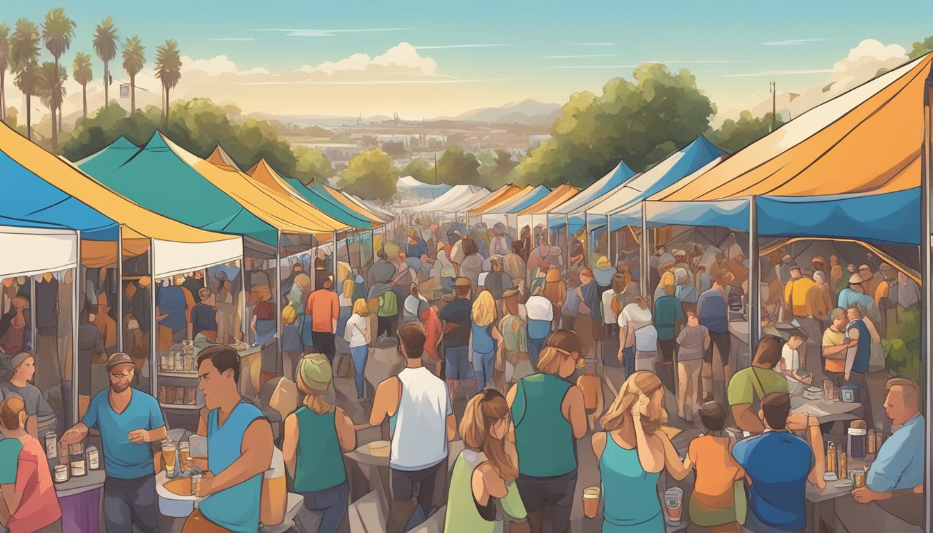 A bustling outdoor beer festival with colorful tents, live music, and happy patrons sampling local craft brews in Carlsbad, CA