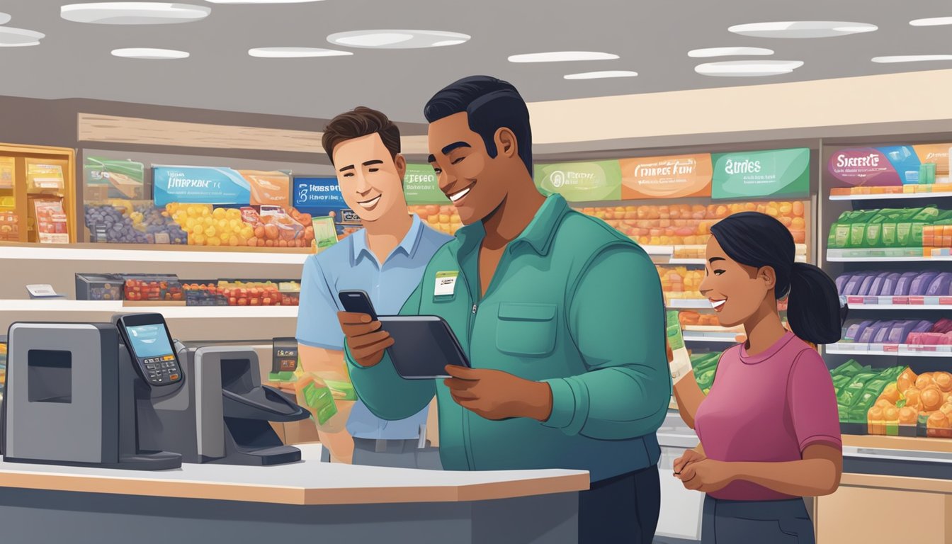 A customer holds a smartphone near a payment terminal at the checkout counter in a Ralphs grocery store, while a cashier looks on