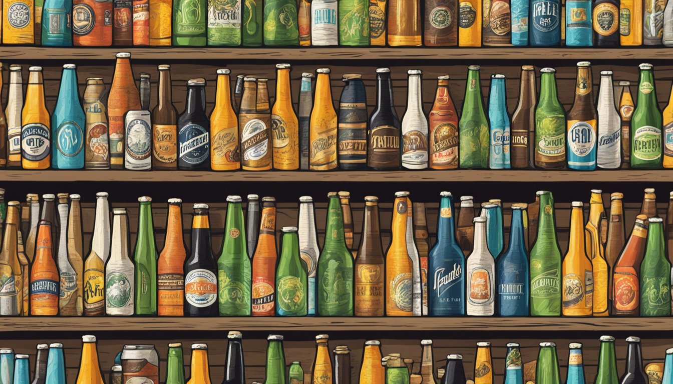 A colorful array of craft beer bottles and cans from Fairfield, CA, line a rustic wooden table at a local beer festival