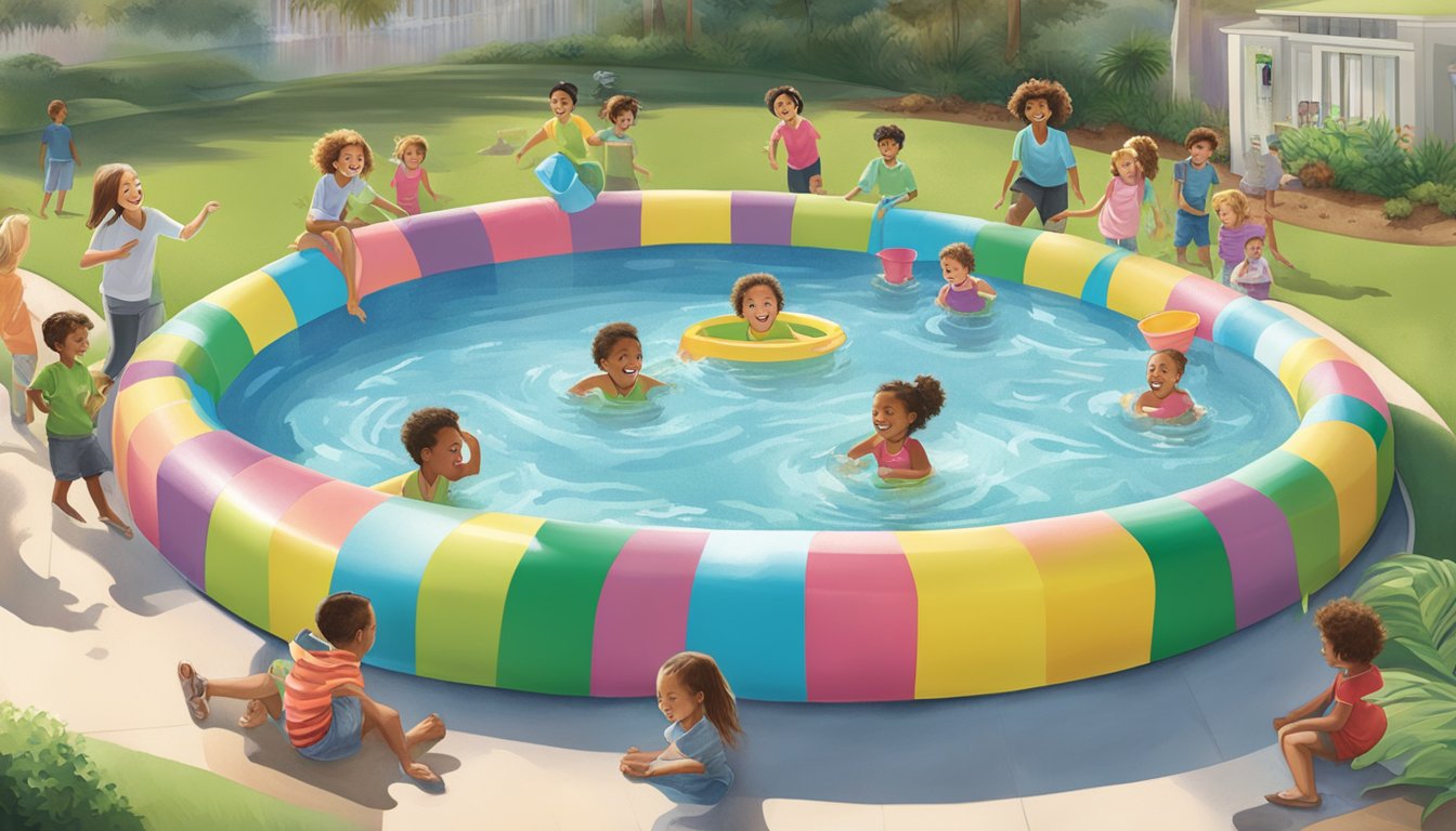 A colorful kiddie pool surrounded by happy children playing and adults supervising, with the Publix logo in the background