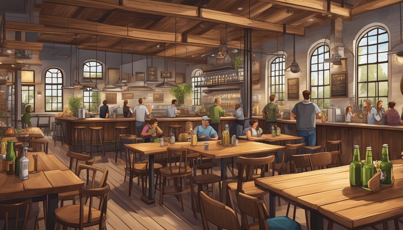 A rustic brewery setting with a variety of craft beer and food options. Tables and chairs fill the space, with patrons enjoying their drinks and meals