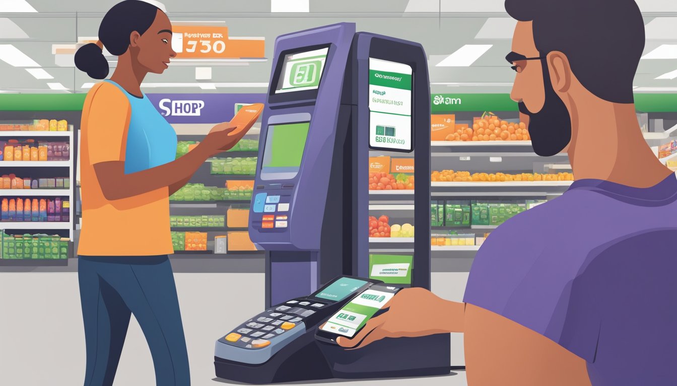 A customer holds a phone near a payment terminal at a Stop & Shop grocery store. The terminal's screen displays a successful transaction