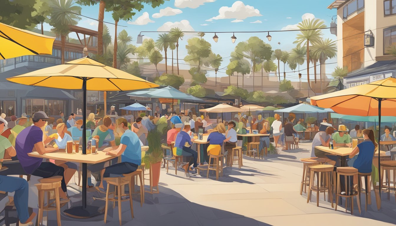 A bustling outdoor beer garden with colorful umbrellas, surrounded by a variety of local craft breweries in Carlsbad, CA