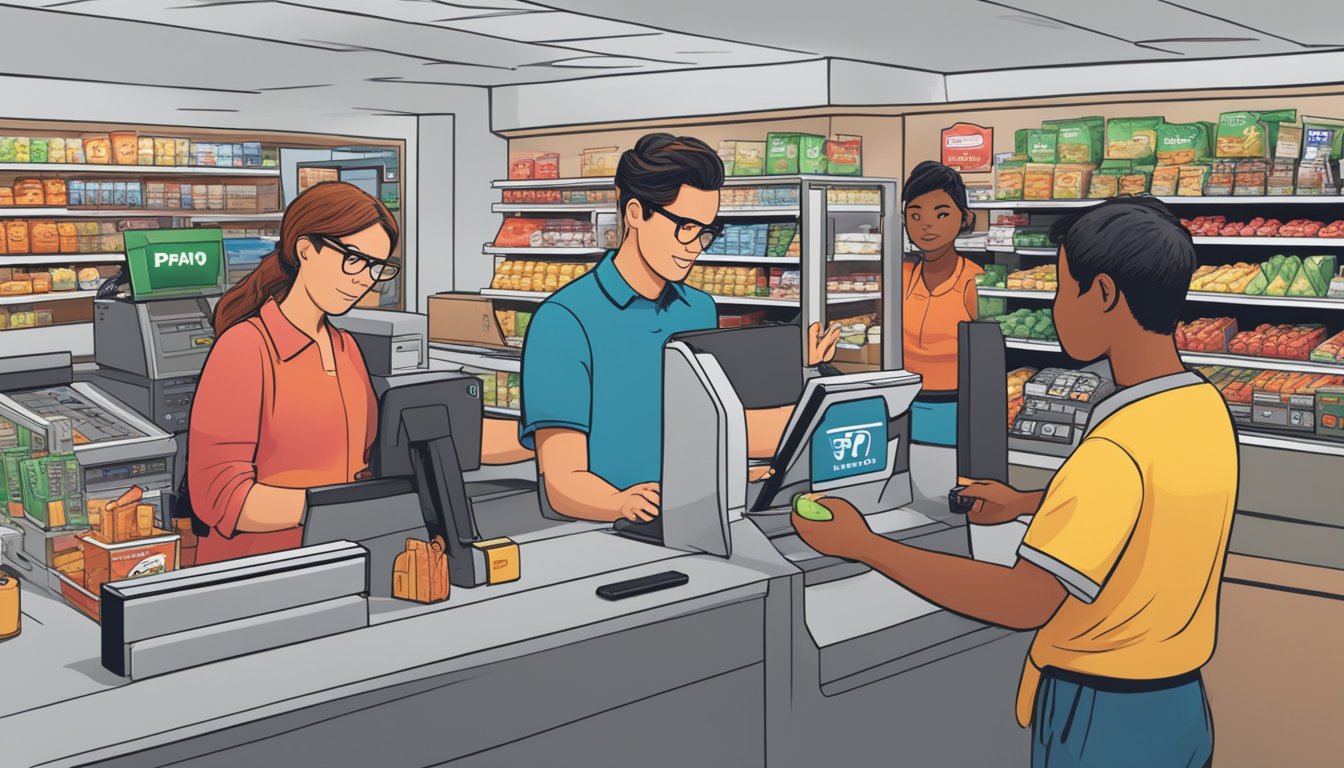 A person at a Ralphs checkout counter attempting to pay with Apple Pay, while the cashier and other customers look on