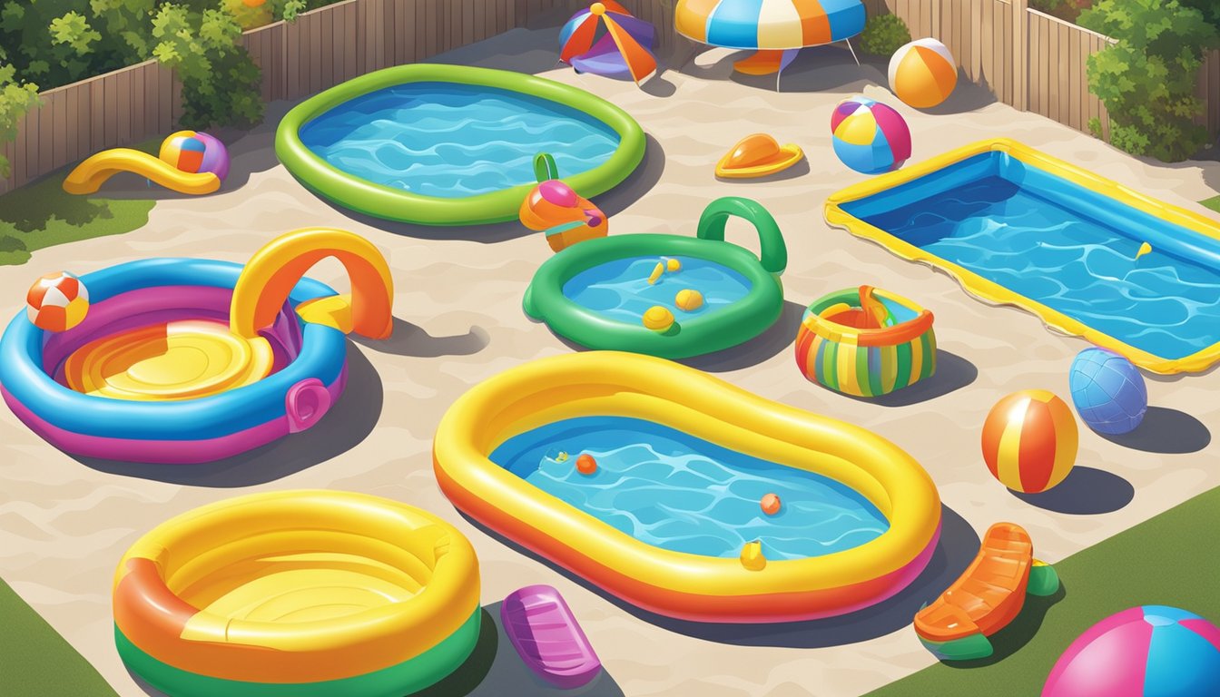 A colorful array of kiddie pools in various sizes and shapes, surrounded by vibrant beach toys and inflatable floats, set up in a sunny backyard