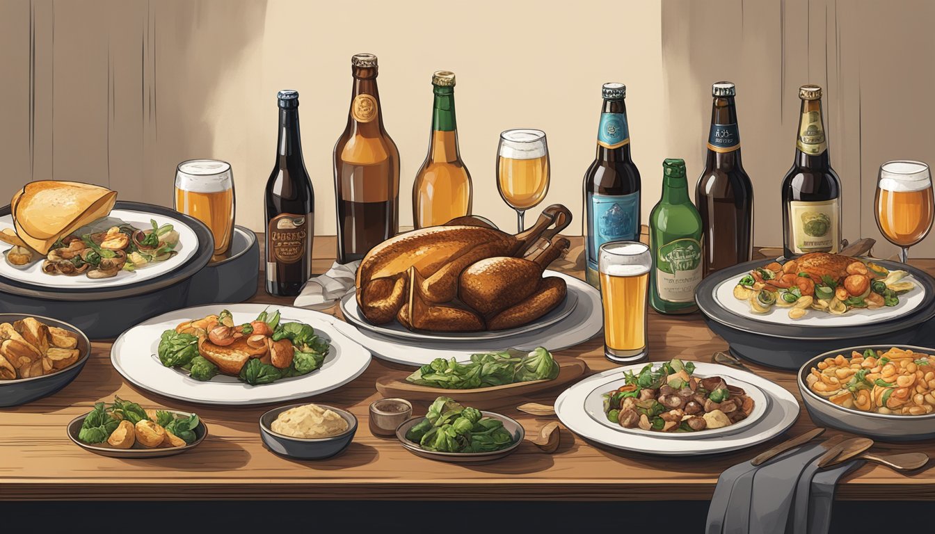 A table set with a variety of gourmet dishes and an assortment of craft beer bottles and glasses arranged neatly for a pairing event