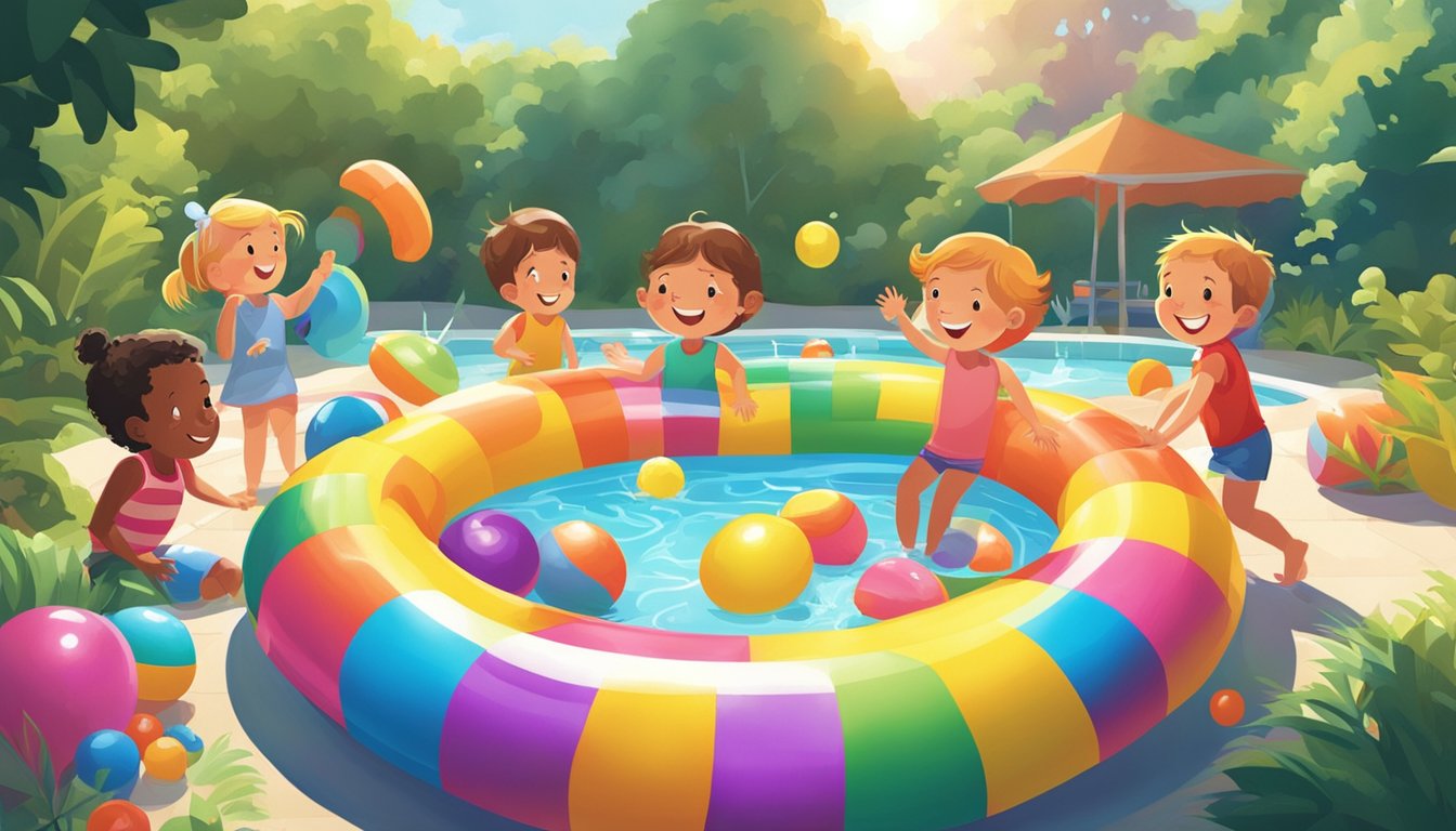 A vibrant kiddie pool surrounded by smiling children and colorful pool toys, set against a backdrop of sunshine and greenery