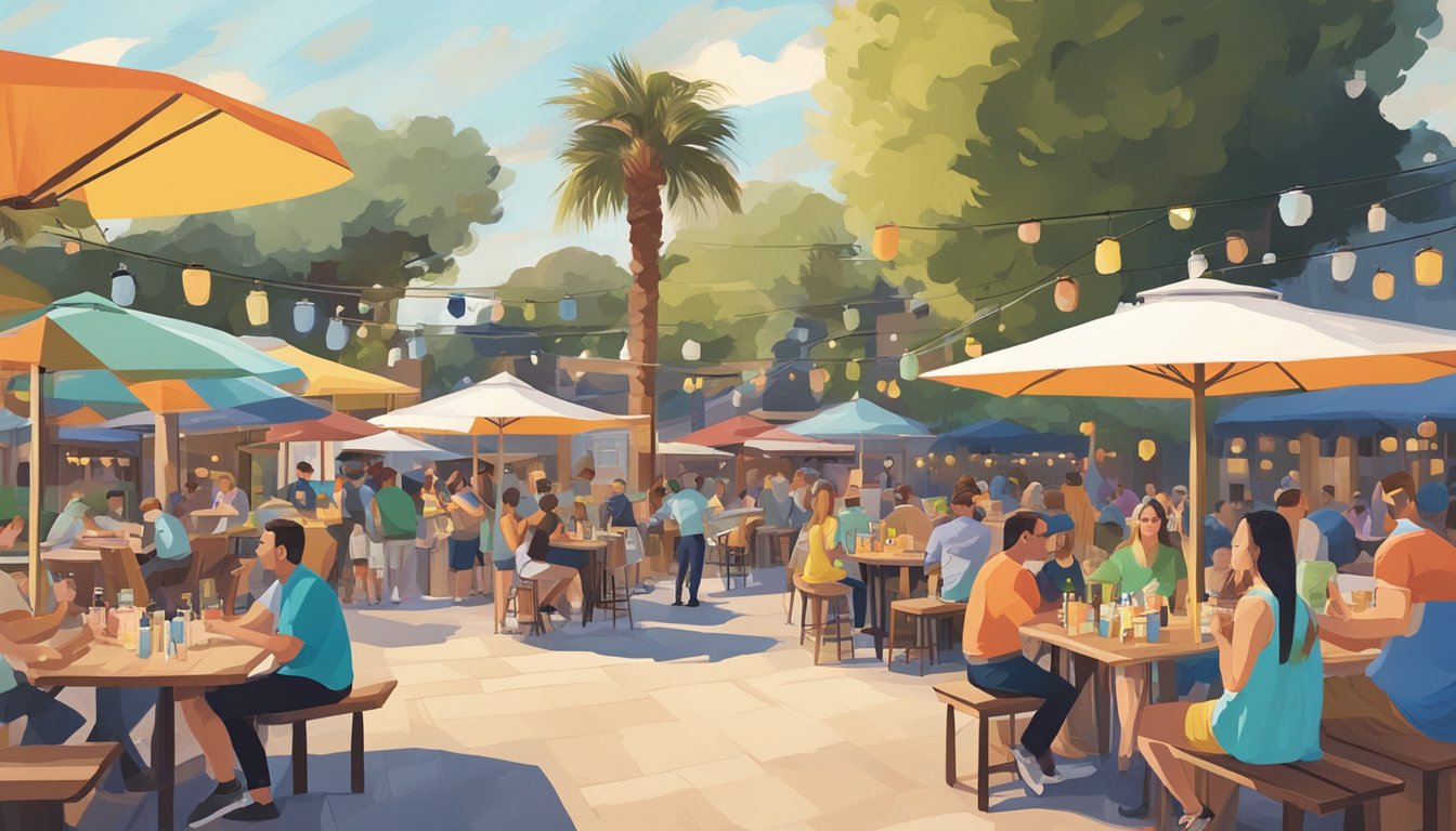 A bustling outdoor beer garden with colorful umbrellas and groups of people enjoying local craft beers in Carlsbad, CA