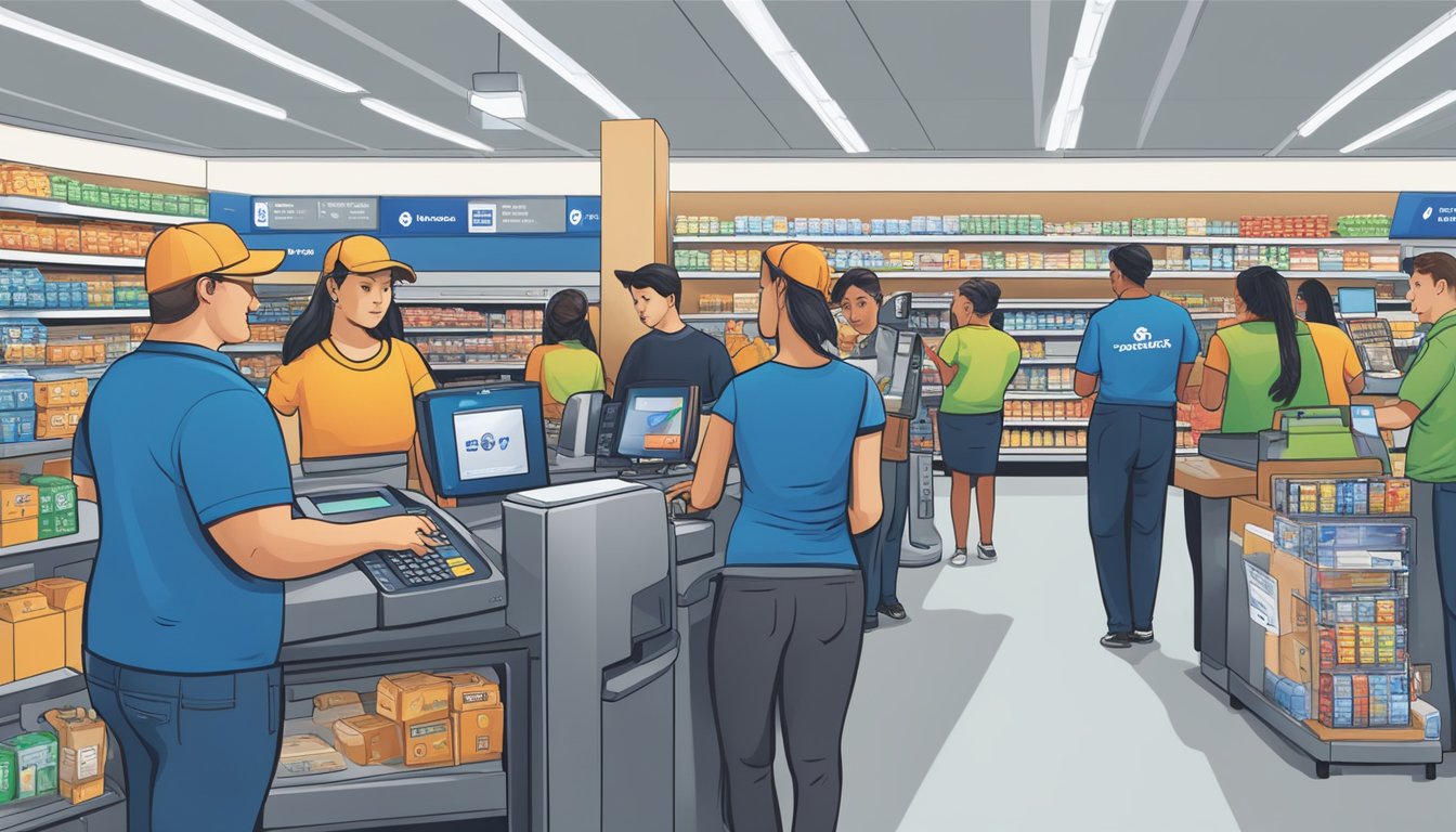 A cashier at Sam's Club scans items while a customer holds a phone over the payment terminal. Other customers wait in line with credit cards and cash in hand